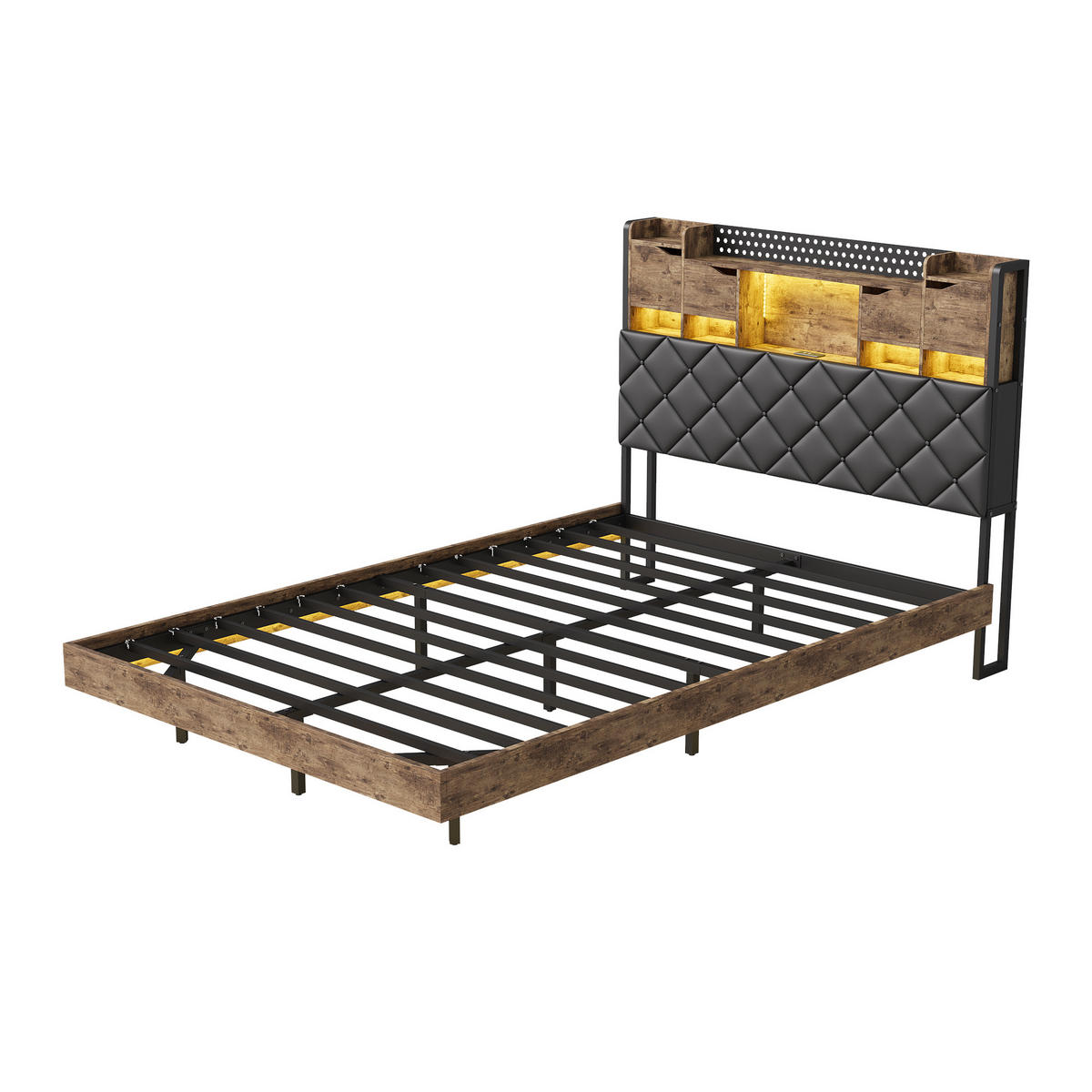 POLSTERBETT 140x200 cm mit LED & USB, Doppelbett mit Kopfteil Stauraum, Schwebebett Holzoptik Metall - Schwarz, Metall (140/200cm) - EuroLiving