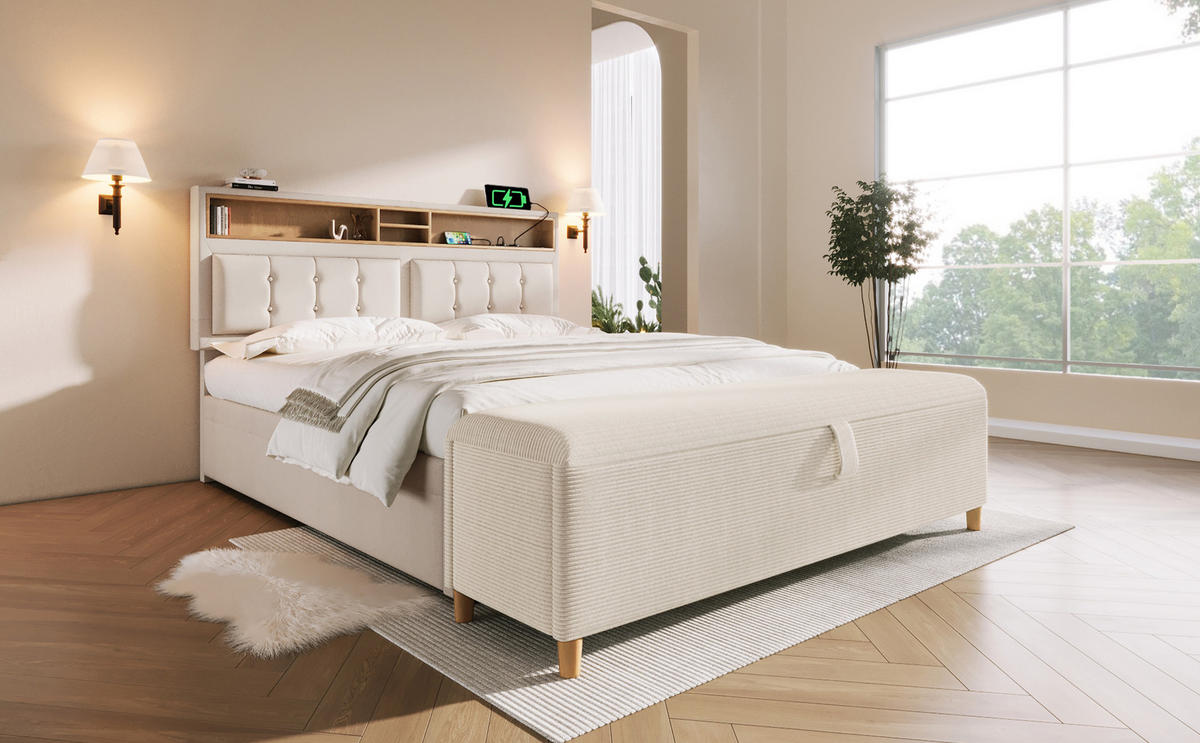 POSTEĽS úložným priestorom a nastaviteľným čelom (vrátane lavice) - béžová, kompozitné drevo/textil - Urban Meuble