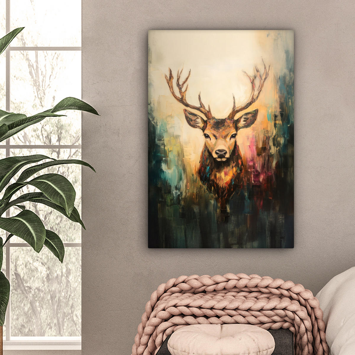 LEINWANDBILD Hirsch - Gemalt - Geweih - Braun Wanddeko 40x60 cm - Haselnussfarben, Textil (40/60cm) - MuchoWow