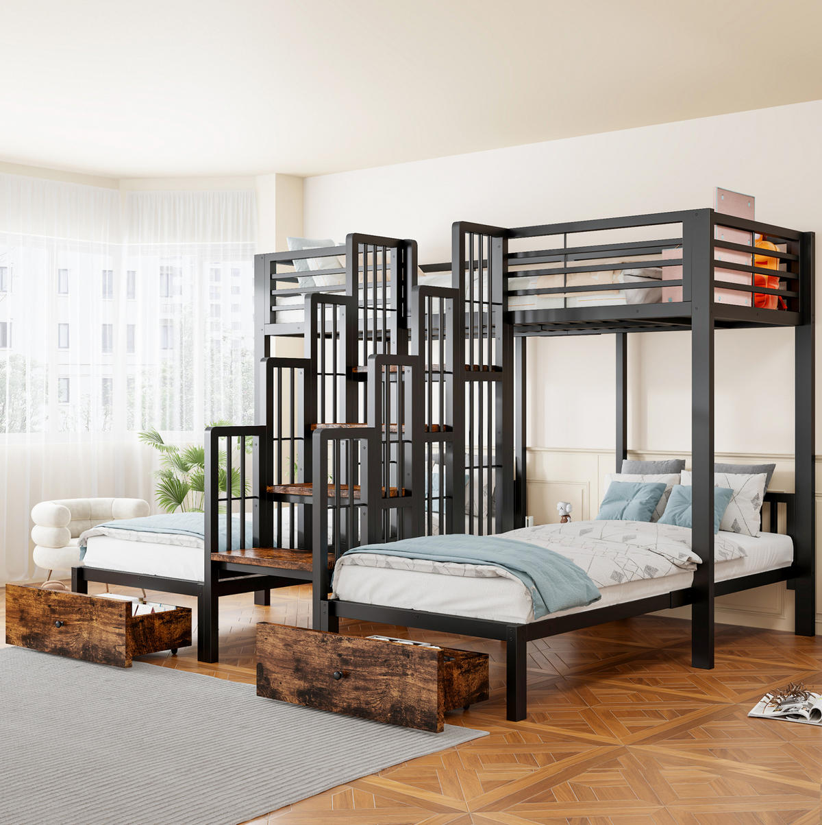 ETAGENBETT aus Metall und Holz 90x200 cm Schwarz mit Treppe, Sicherheitsgeländern und 2 Schubladen - Schwarz, Metall (90/200cm) - Modfu