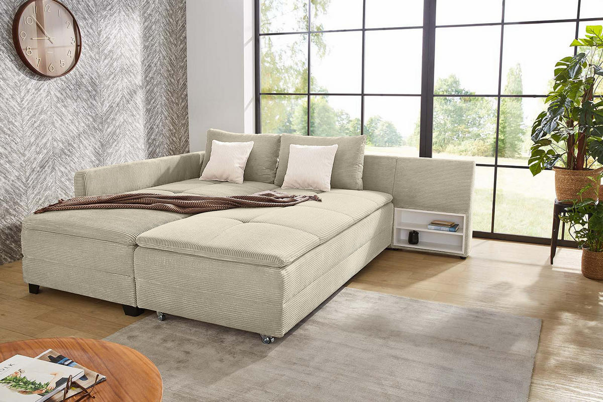 ECKSOFA-DAUERSCHLÄFER Doppelbett Boxspring Federkern Topper, seitenverkehrt montierbar B306/T223/H95 cm, Cord Beige Grau / 15161 - Greige/Beige, Kunststoff/Textil (306/223cm) - luma-home