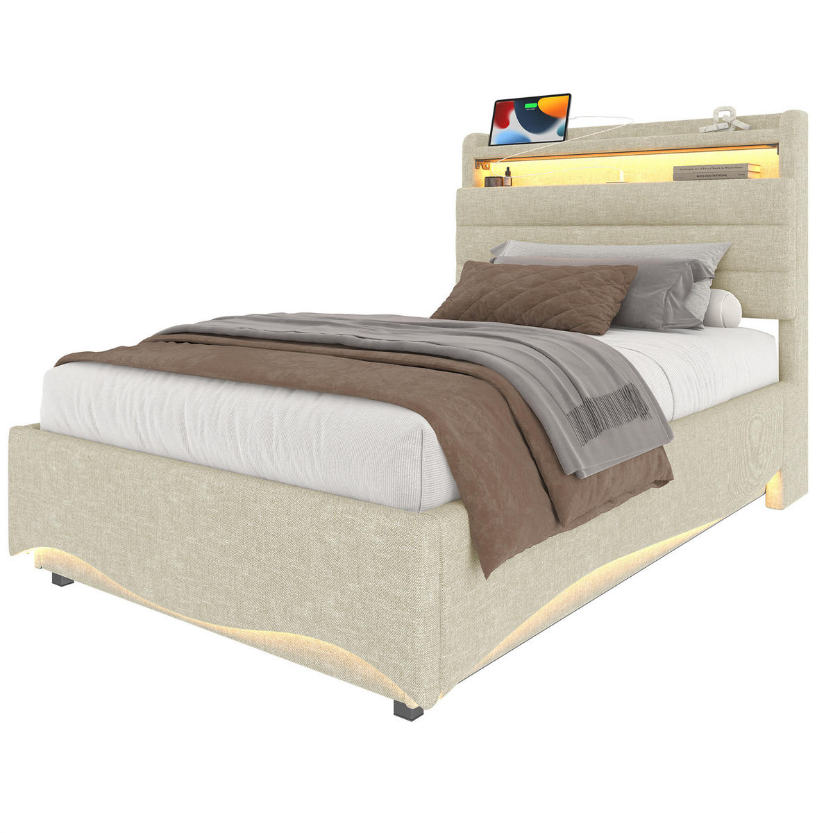 POLSTERBETT 90/200 cm mit LED-Beleuchtung, USB- und Typ-C-Anschluss, hydraulischem Bettkasten und Ablagefach, Beige - Beige, Textil (90/200cm) - Redom