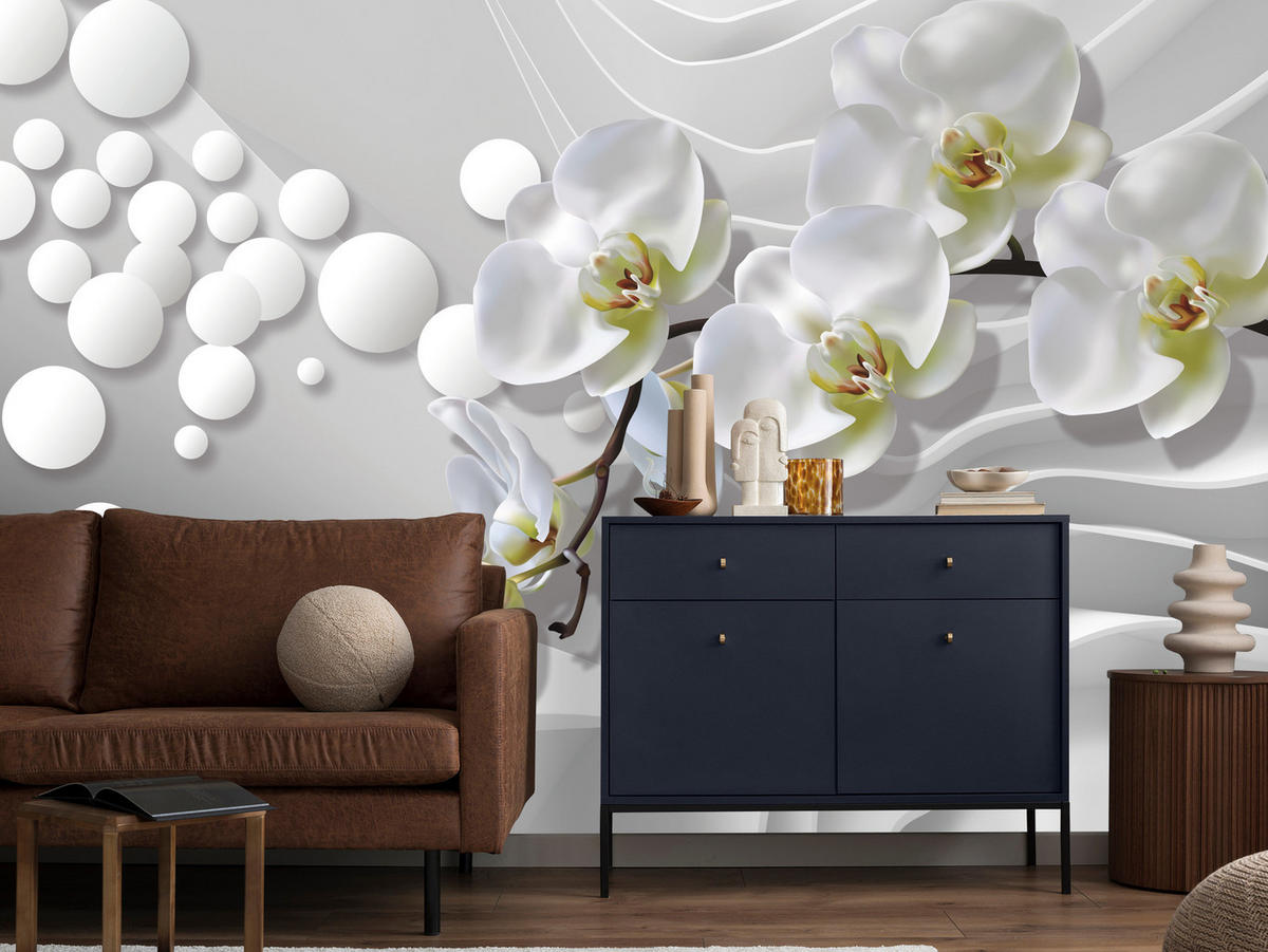 FOTOTAPETE für Badezimmer Geometrische Abstraktion Weiße Orchideen Blumen 300x210 - Gelb/Weiß, Papier (300/210cm) - Muralo