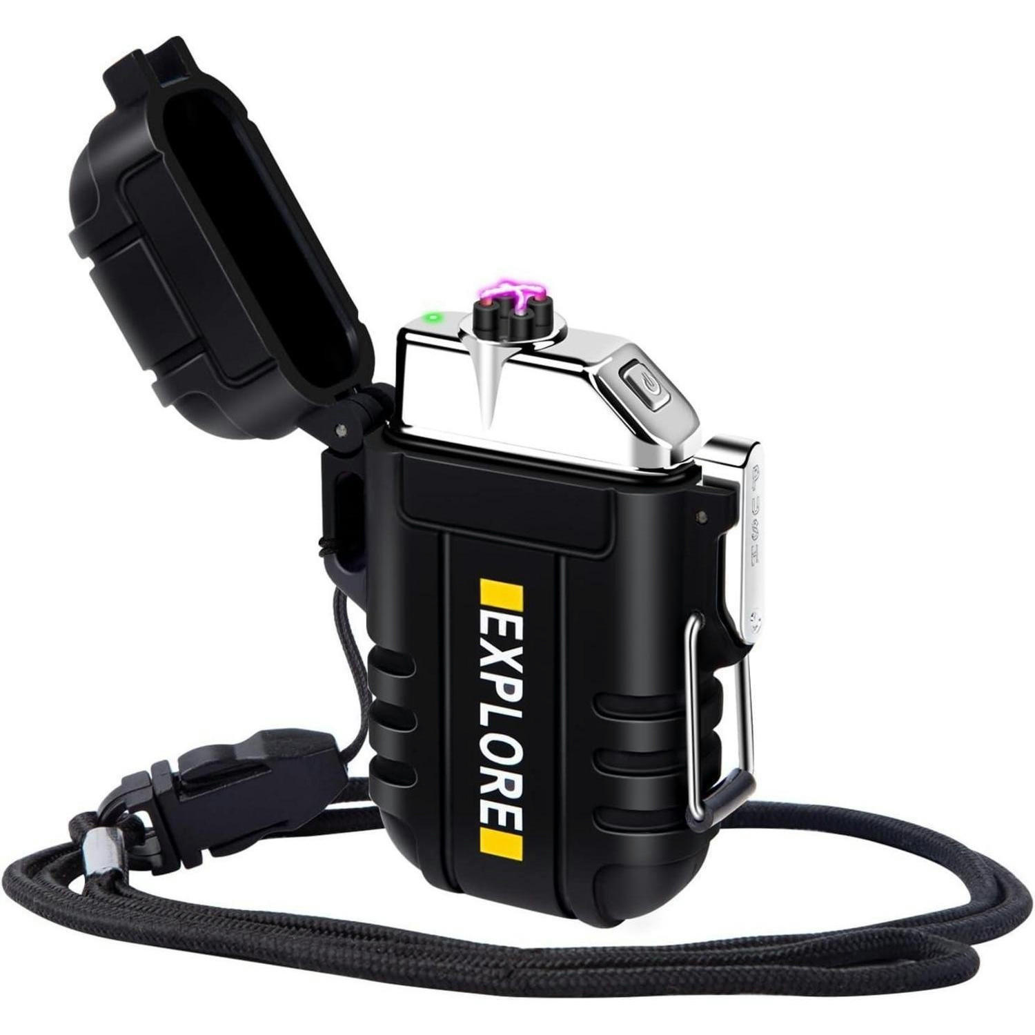 FEUERZEUG Elektrisch Wasserdicht Winddicht USB Wiederaufladbar Plasma mit Notfall-Pfeife Schwarz - Schwarz, Metall (4.7/1.8/7cm)
