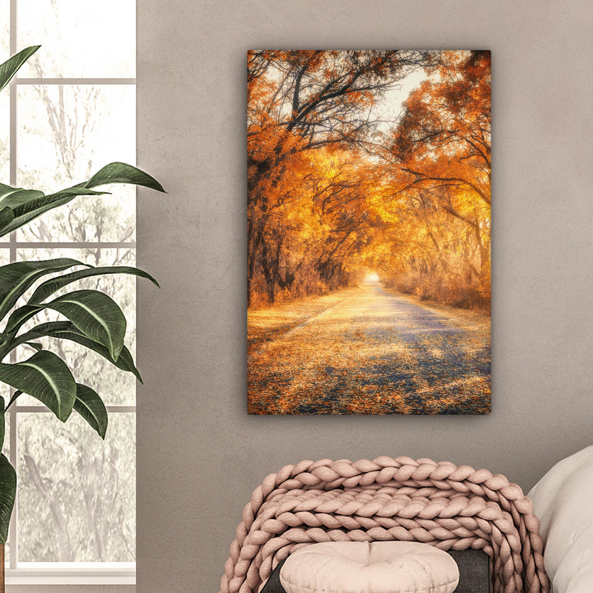 LEINWANDBILD Wald - Herbst - Bäume - Waldweg - Natur 60x90 cm - Bernsteinfarben, Textil (60/90cm) - MuchoWow