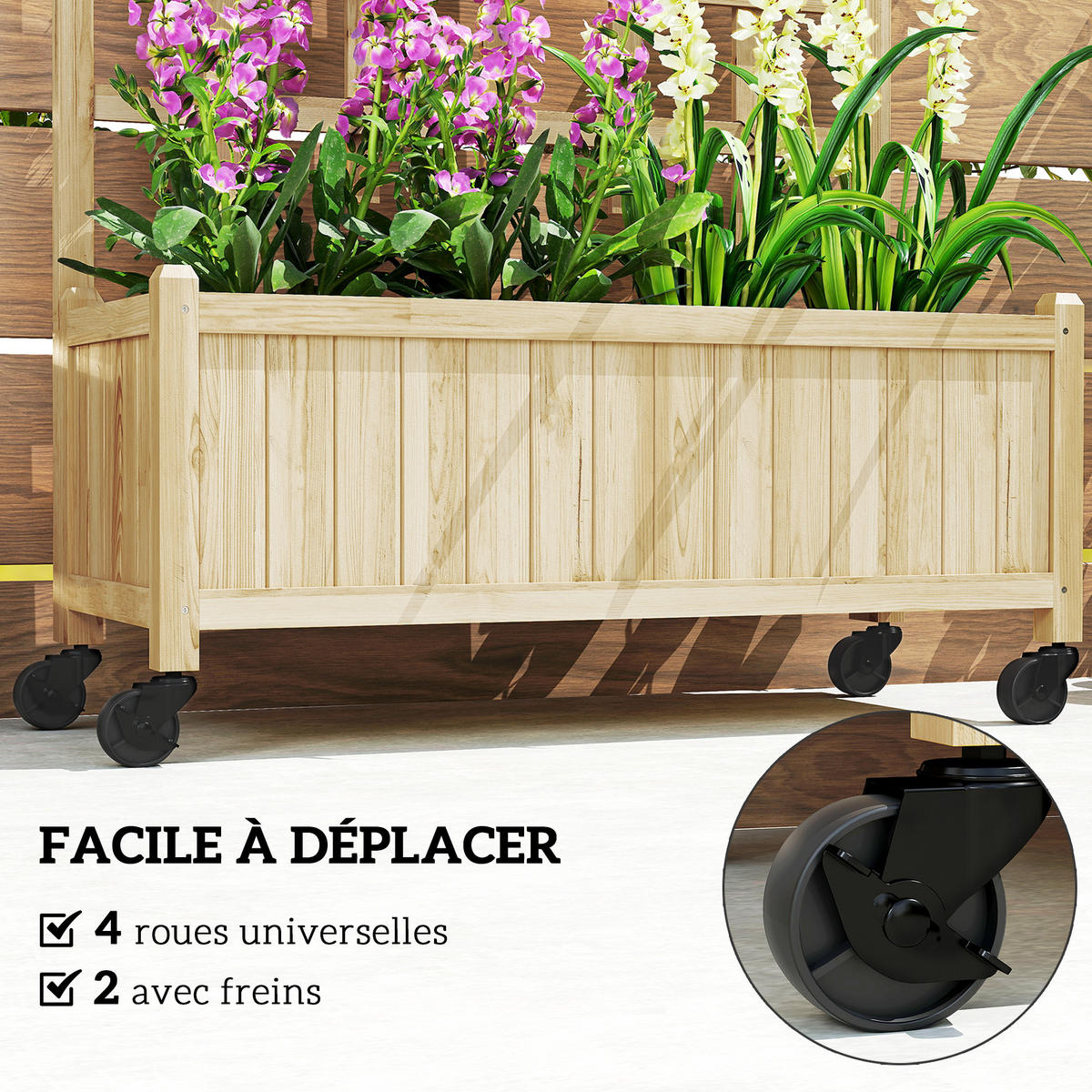 HOCHBEET DE-12253 mit Rankgitter auf Rollen, 82,5/35/186 cm Natur - Naturfarben, Holz (82.5/186/35cm) - ComfortXL
