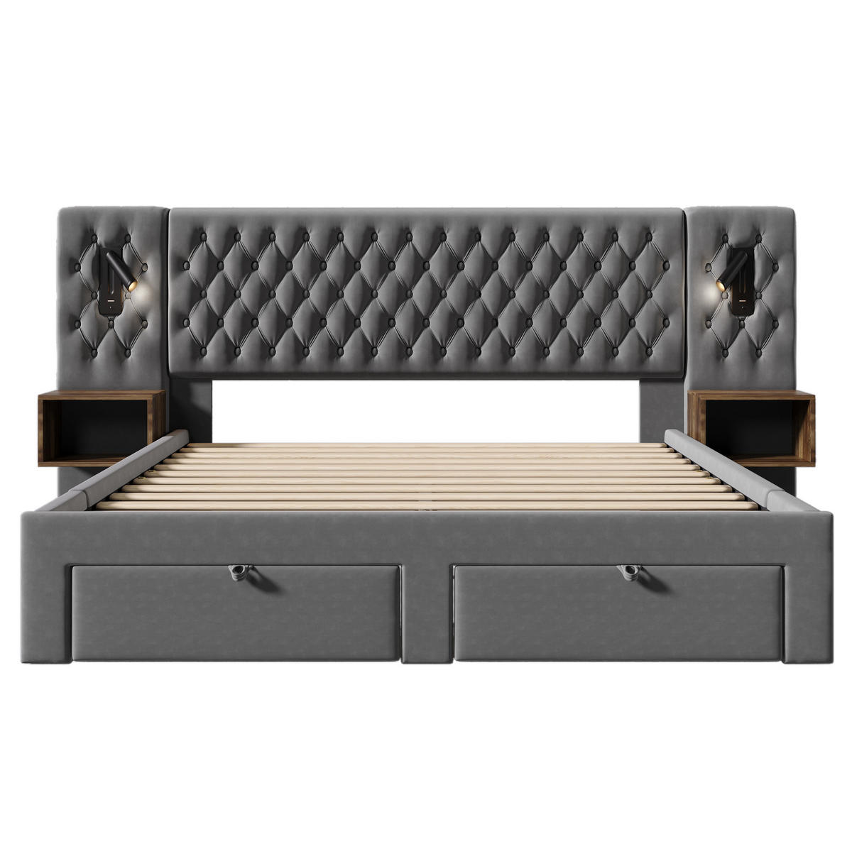 POLSTERBETT aus Samt 160x200 cm Grau mit 4 Schubladen, Nachttischen, Leselampen und USB-/USB-C-Anschluss - Grau, Textil (160/200cm) - IVMEU