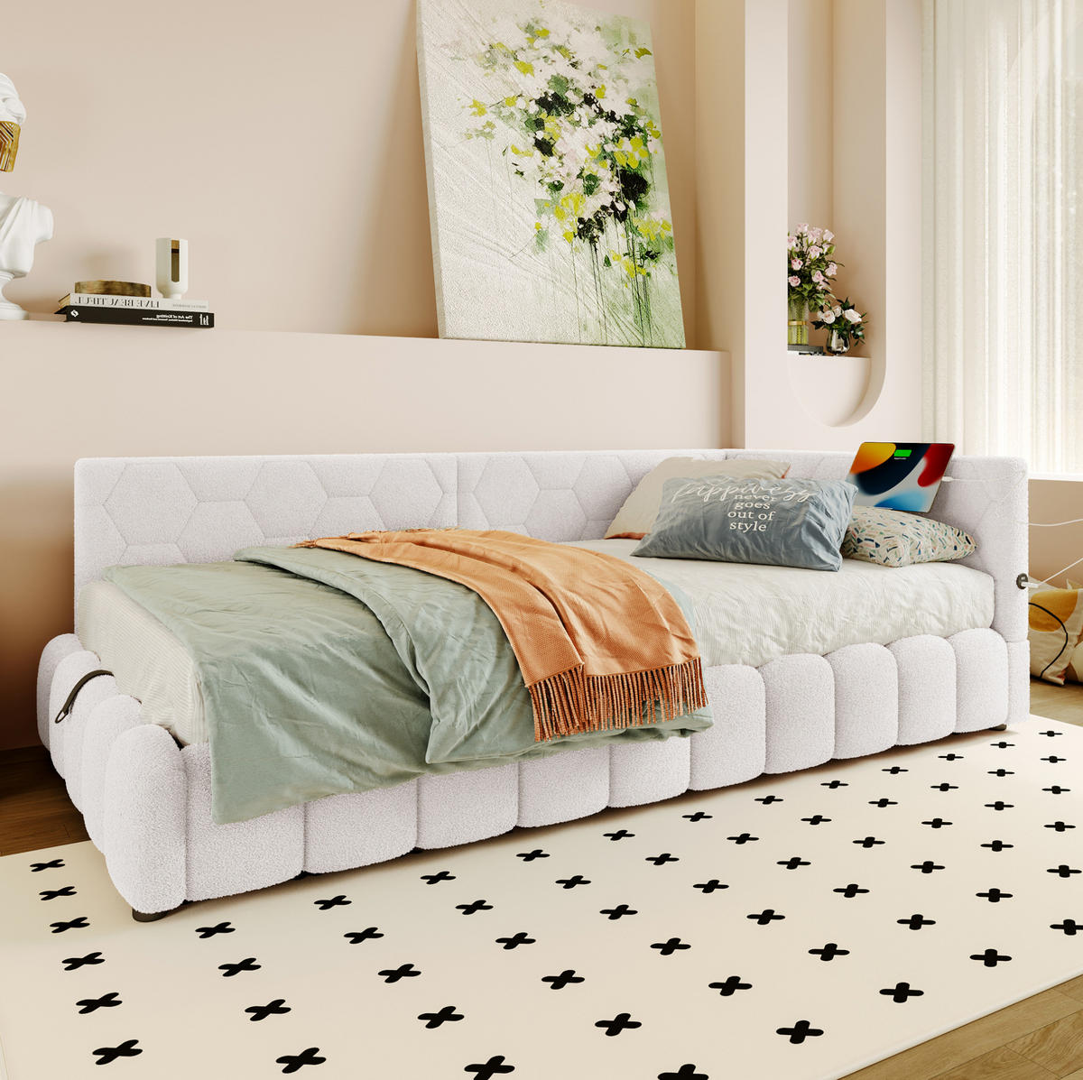 POLSTERBETT aus Vliesimitat 90x200 cm in Weiß mit LED & USB-C-Anschluss - Weiß, Textil (90/200cm) - Modfu