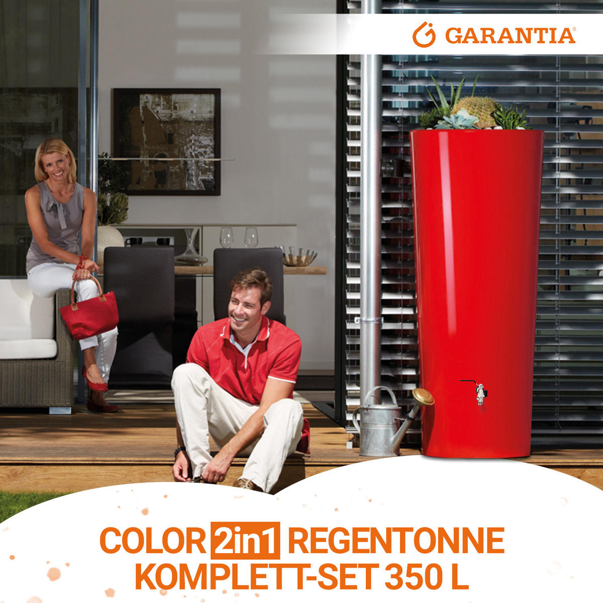 2IN1 Regentonne Komplett-Set 350 L, tomato inkl. Chrom-Doppelauslaufhahn und Fallrohranschluss - Rot, Kunststoff (62/150/80cm) - GARANTIA