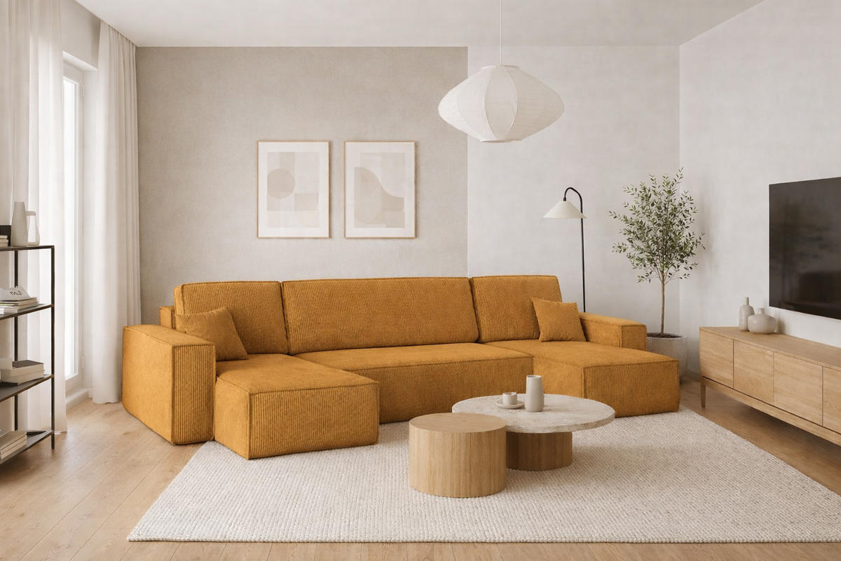 ECKSOFA Mit Schlaffunktion Und Bettkasten BEST Dicker Cord Poso Senffarbe - Gelb, Holz/Textil (312/142cm) - Kaiser Möbel