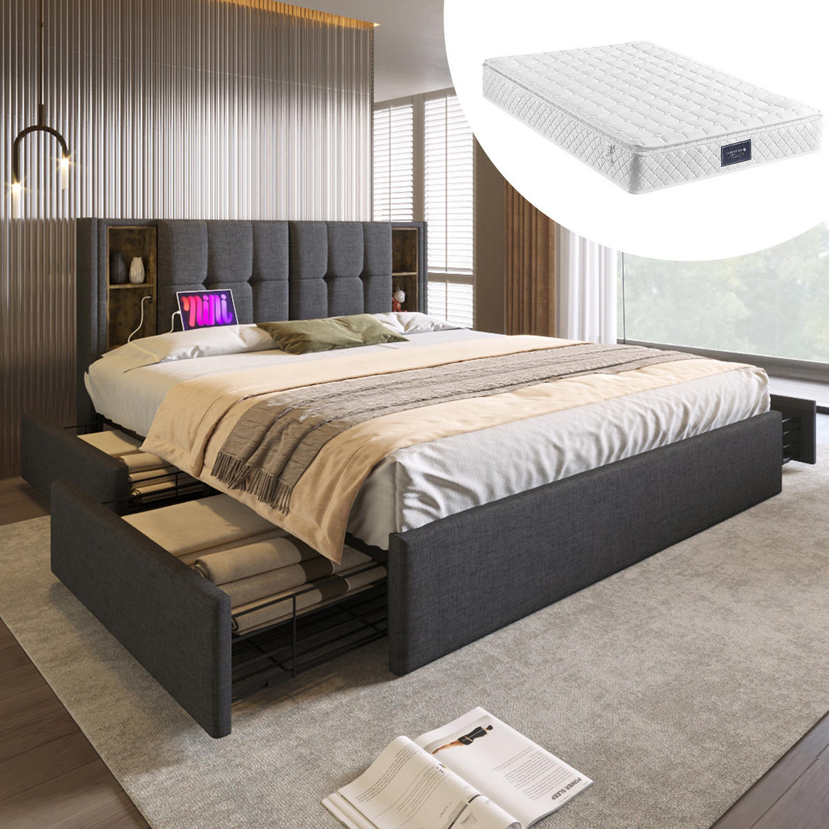 BETT mit kabellosem Laden & 4 Schubladen 160x200 cm Leinen Grau mit Matratze - Grau, Metall (160/200cm) - Meubliv