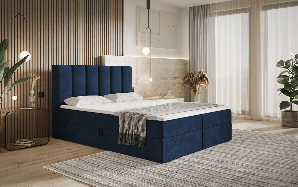 BOXBETT Bonio I 120/200 cm in Blau – mit Bettkasten und Topper - Blau/Schwarz, Holz/Holzwerkstoff (120/200cm) - AX Living