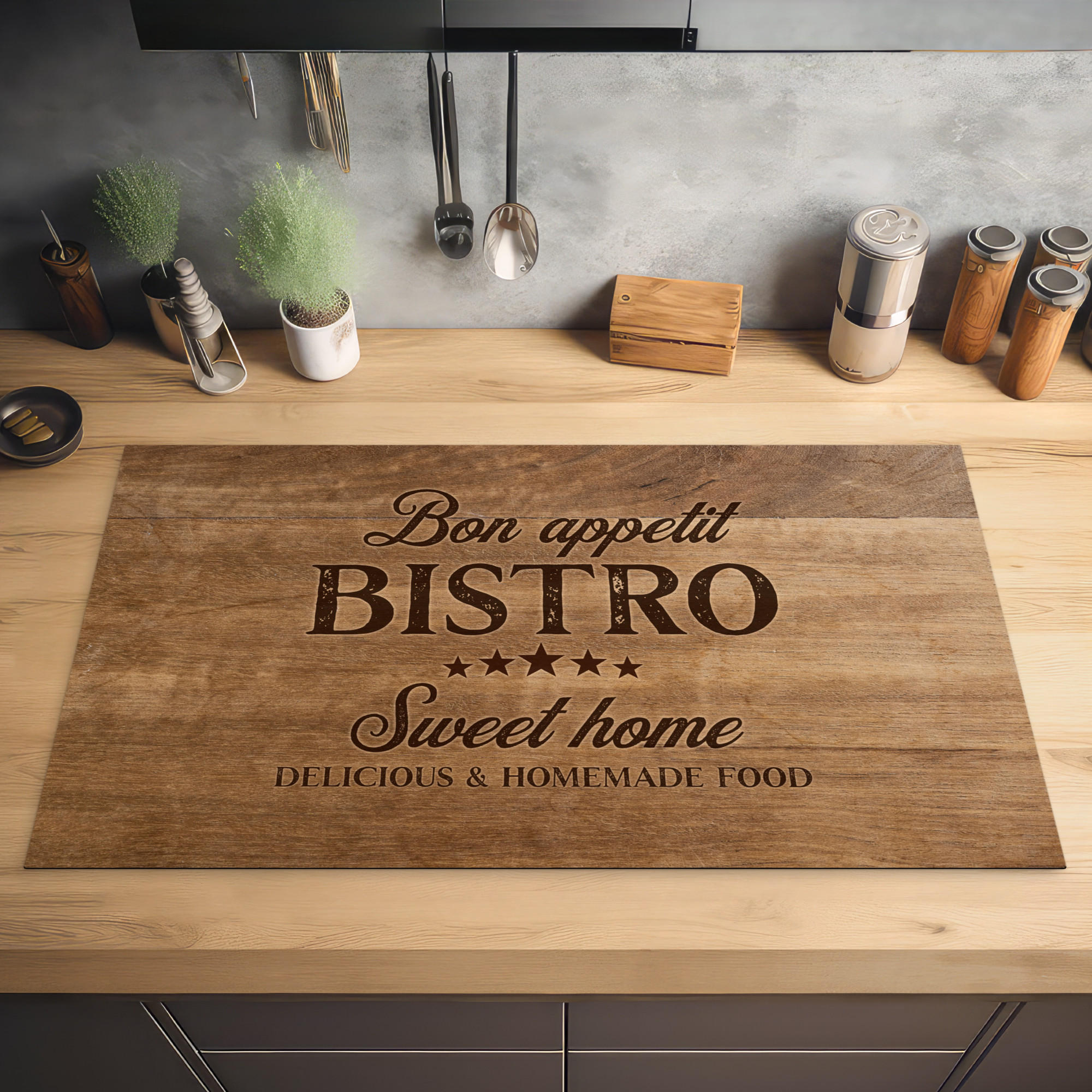 HERDABDECKPLATTE Zitat - Bistro - Guten Appetit - Süßes Zuhause - Holzmaserung 90x52 cm - Braun, Kunststoff (90/0.2/52cm) - MuchoWow