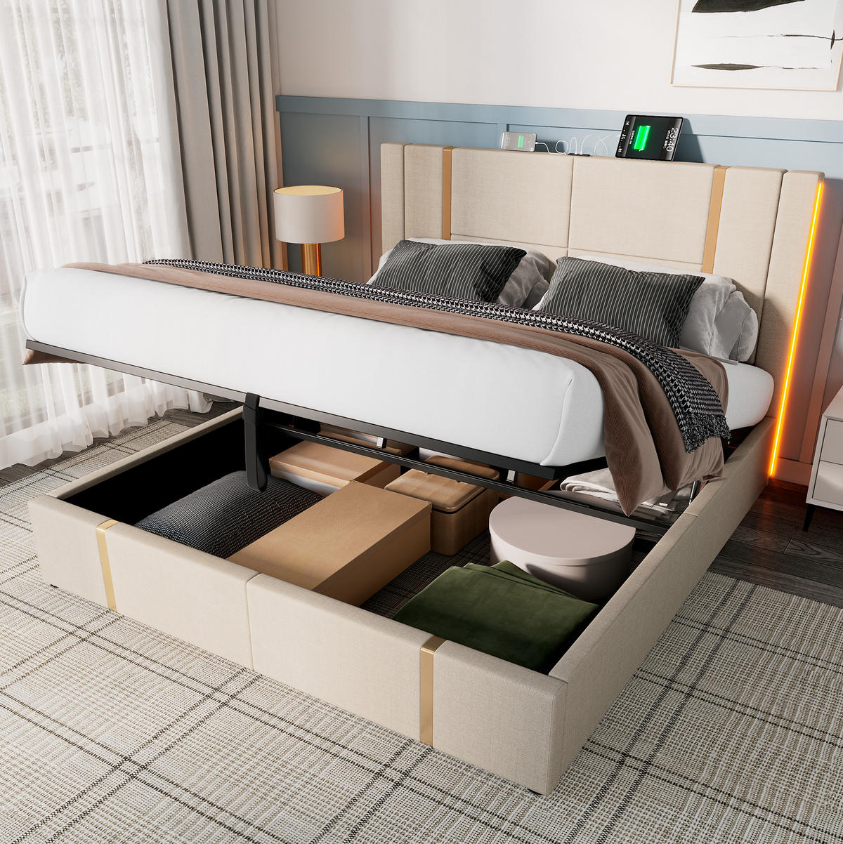 POLSTERBETT 160/200 cm Beige mit Stauraum, LED-Beleuchtung und USB- und Type-C-Anschlüssen - Beige, Textil (160/200cm) - Flora Grace