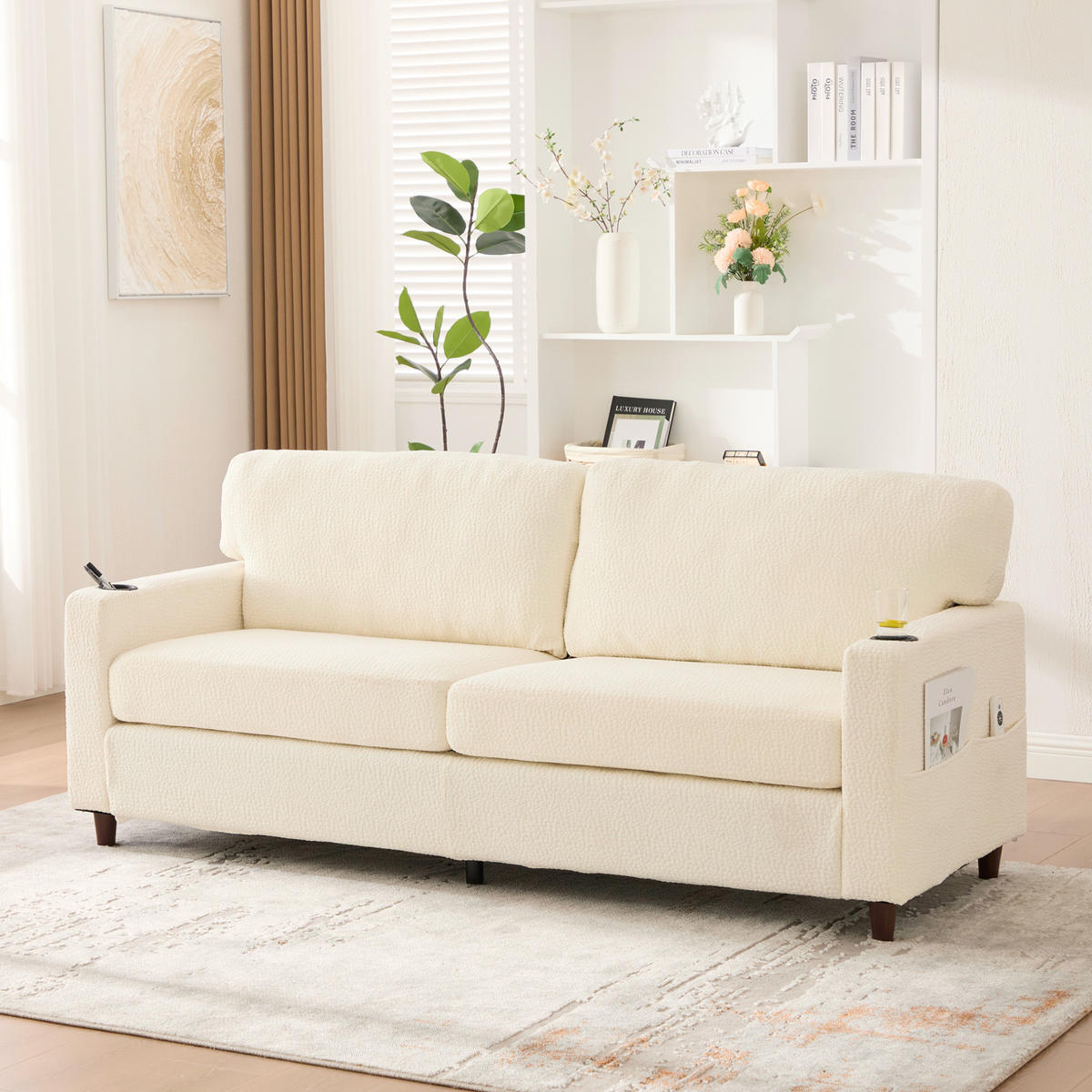 POHOVKA z chenille, 203/77,5/86 cm béžová, 2-miestna s USB-C a LED - béžová, textil (203/86/77.5cm) - BEAOK