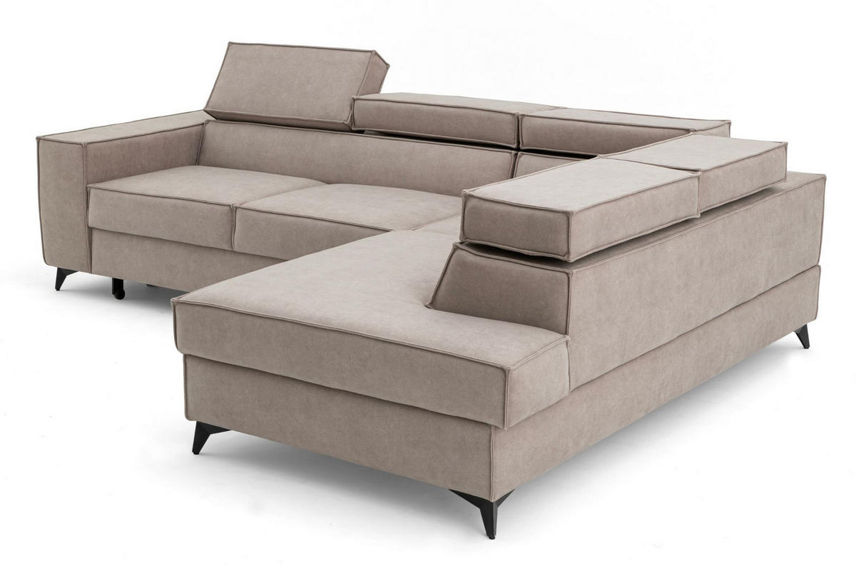 ECKSOFA PURE L Rechts mit Schlaffunktion 127x199 Velours Hellgrau - Hellgrau/Schwarz, Holz/Textil (204/281cm) - Muffo