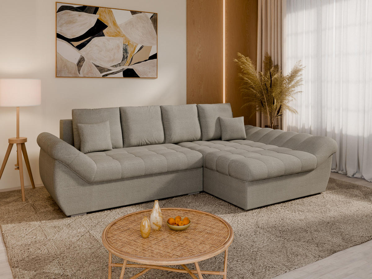 ECKSOFA ZAYA mit Schlaffunktion L-Form, Sofa mit Bettkasten, Wohnzimmersofa, Couch, Soffa, Bettsofa, RECHTS- Elephant - Zinkfarben, Holz (279/175cm) - Homesy
