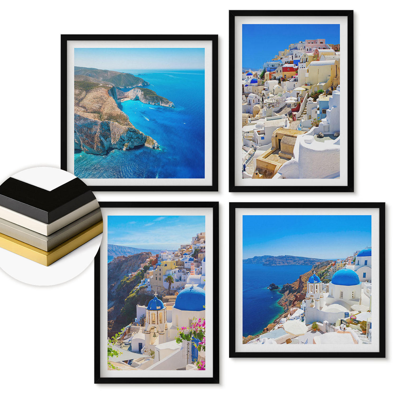 WANDBILDER 4er-Set - 50x50 cm & 40x60 cm Schwarzer Rahmen - Architekturlandschaft Oia Santorin Griechenland - Schwarz, Kunststoff (50/50cm) - ArtPrintCave
