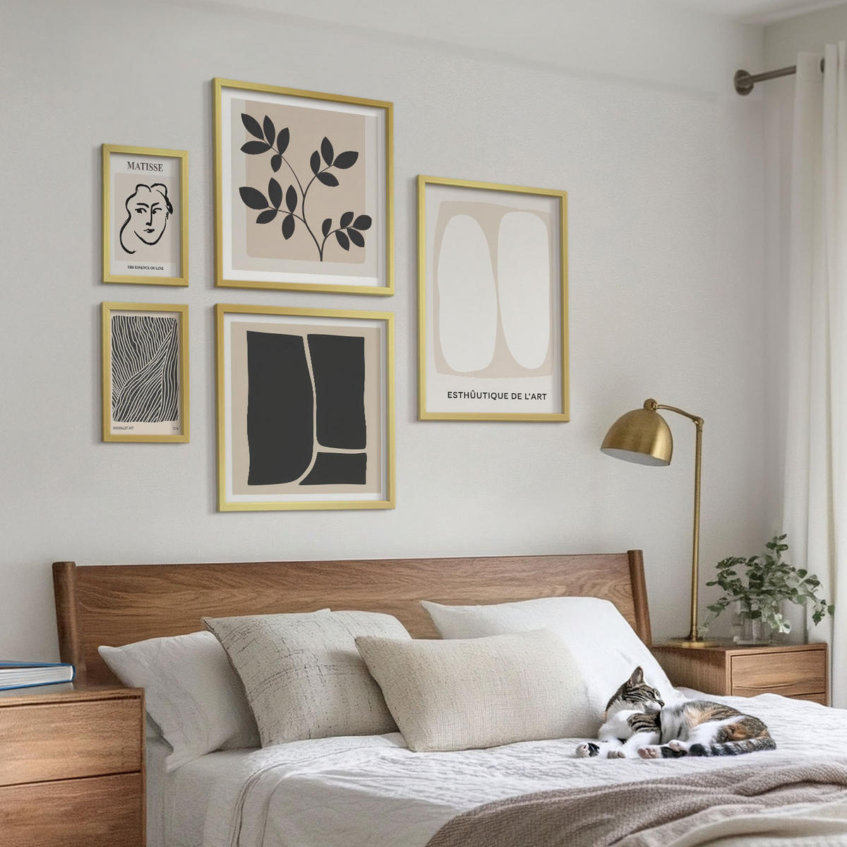 WANDBILDER 5er Set - 50x50 cm & 20x30 cm & 40x60 cm Goldrahmen - Minimalistische Pflanzenmuster - Goldfarben, Kunststoff (40/60cm) - ArtPrintCave