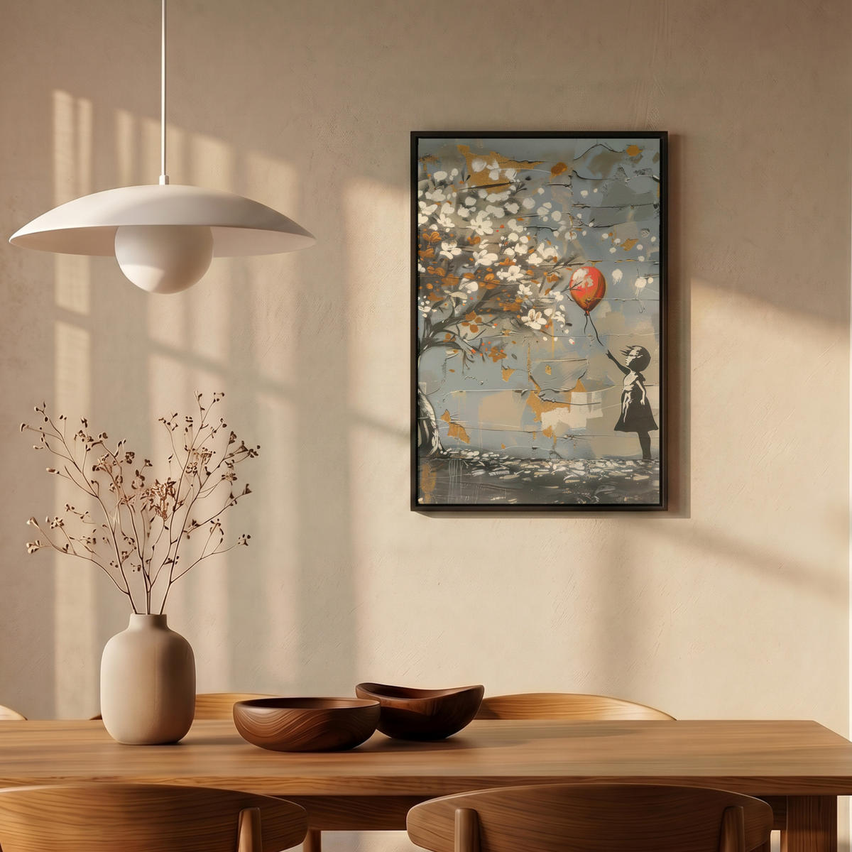 LEINWAND Bilder mit Rahmen - Baum - Graffiti - Banksy-Stil - Ballon-Mädchen - 40x60 - Blaugrau, Textil (40/60cm) - MuchoWow