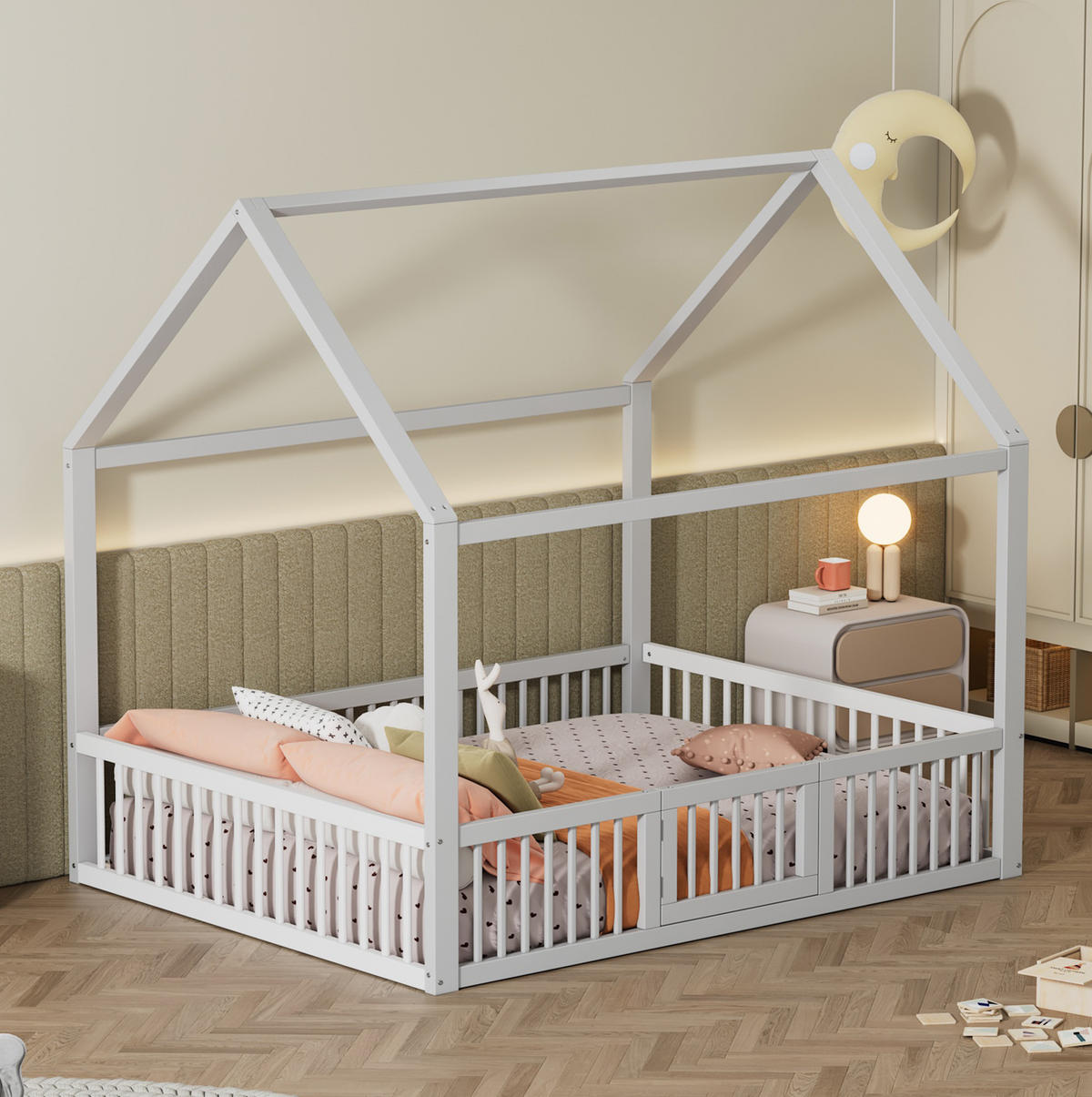 HAUSBETT 140/200 cm Weiß aus Kiefernholz und MDF mit Sicherheitsgitter und Türchen - Weiß, Holz (140/200cm) - OKMYHOME