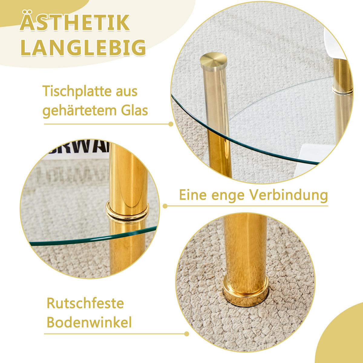 COUCHTISCH DE-129 Zweistufig Transparent Gold - Transparent, Glas (70/70/42cm) - ComfortXL