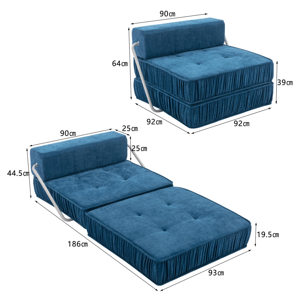 SCHLAFSESSEL DE-34989 2-in-1 mit Bettfunktion Blau - Blau, Metall (92/64/92cm) - ComfortXL