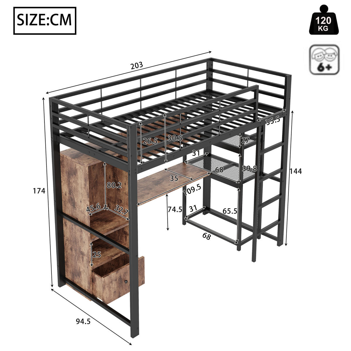 HOCHBETT 90/200 cm in Schwarz mit Schreibtisch, 1 Schublade, Regal und LED - Schwarz, Holzwerkstoff/Metall (90/200cm) - STILVORA