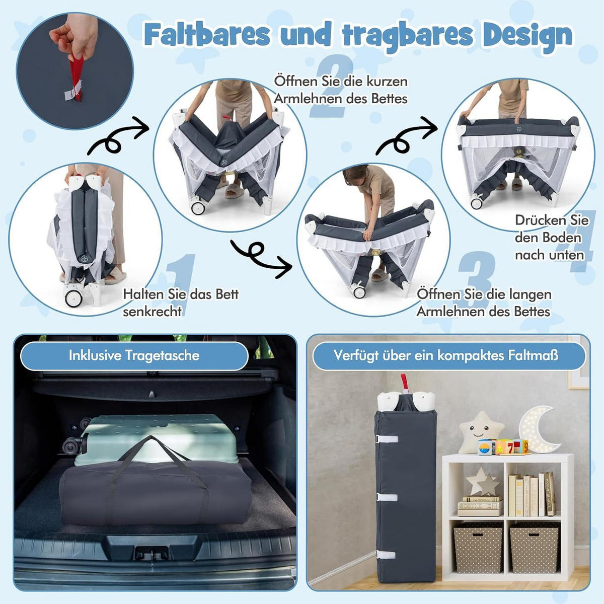 BABYBETT mit abnehmbarem Baldachin grau - Grau, Textil - COSTWAY
