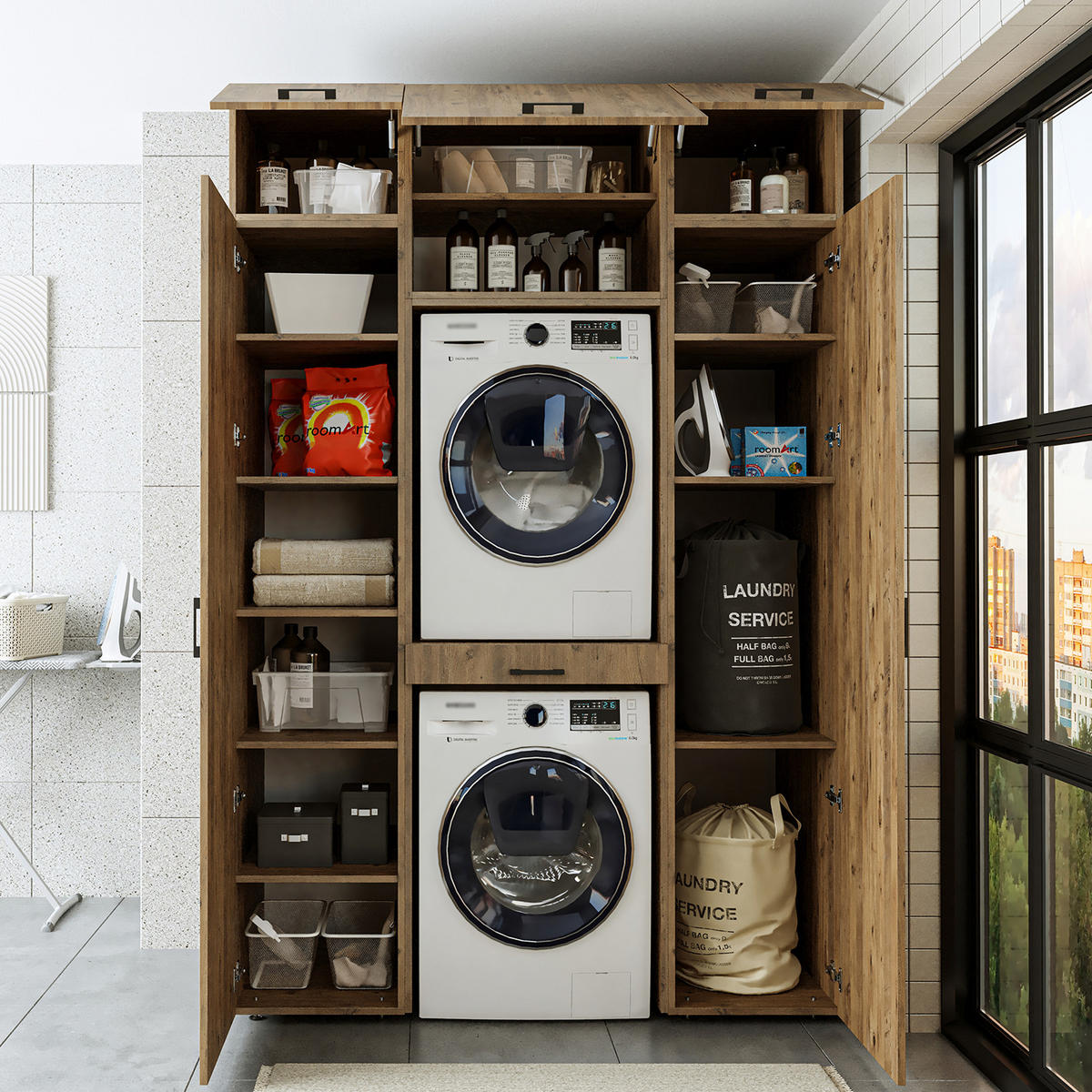 WASCHMASCHINENSCHRANK DUO-I 157cm Breit, 240cm Hoch - Eichefarben, Holzwerkstoff (157/240/67cm)
