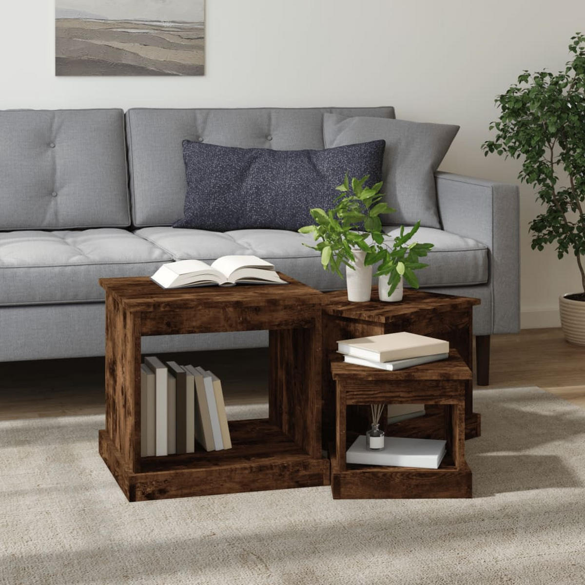 COUCHTISCHE 3 Stk. Räuchereiche Holzwerkstoff - Braun, Holzwerkstoff (48/45/45cm) - furnicato