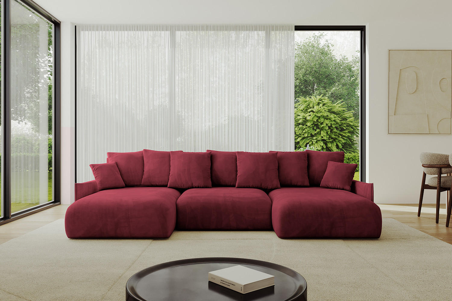 WOHNLANDSCHAFT mit Schlaffunktion und Bettkasten ONESK-U-v1 304x165x40 Bordeauxrot Velours - Bordeaux, Holzwerkstoff/Kunststoff (304/90/165cm) - ALTDECOR