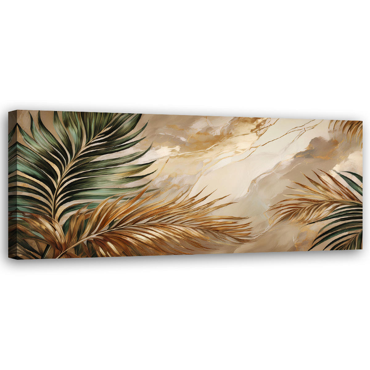 WANDBILD boho pflanzenblätter auf goldenem marmor - Goldfarben, Textil (90/30cm) - Feeby