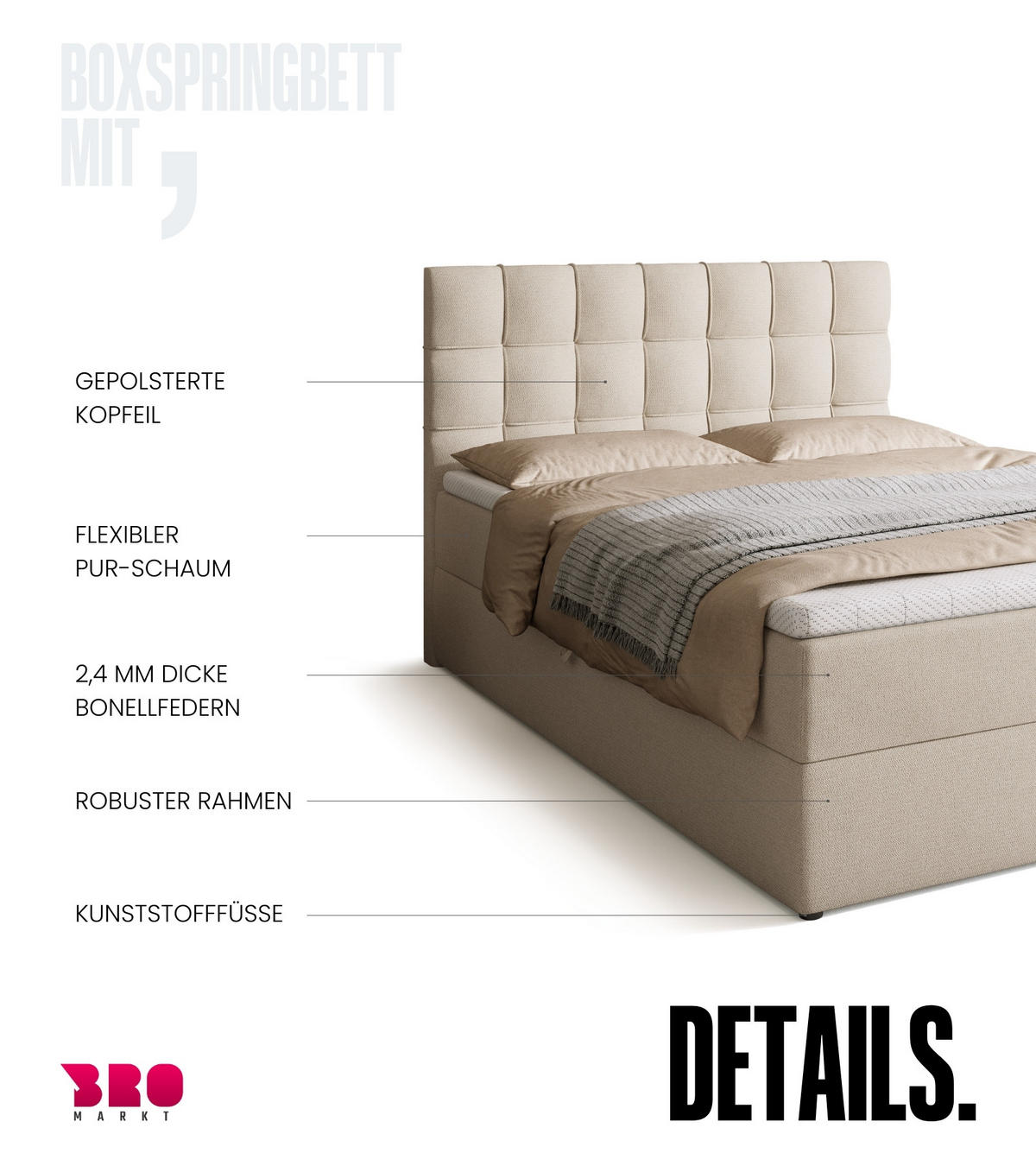 BOXBETT Detroit mit Topper 140/200 Ecru - Ecru, Holzwerkstoff/Textil (140/200cm) - Bromarkt
