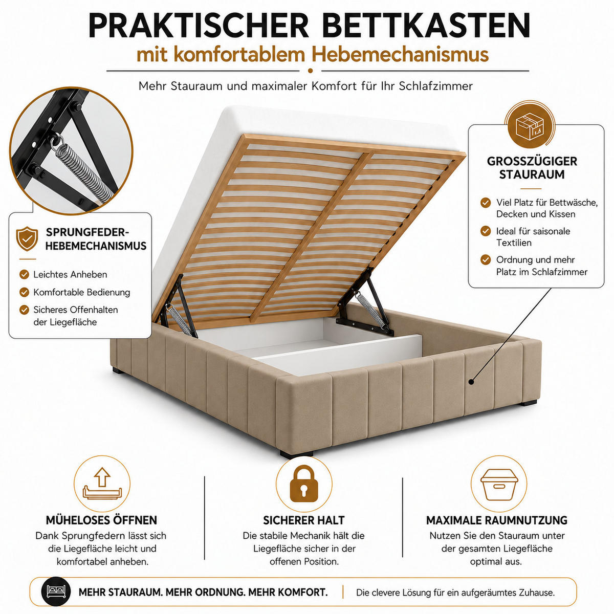 MARPUR Polsterbett NERO 200x200 cm mit Bettkasten und Lattenrost, Hellbraun - Chromfarben/Hellbraun, Holz/Holzwerkstoff (200/200cm) - Marpur