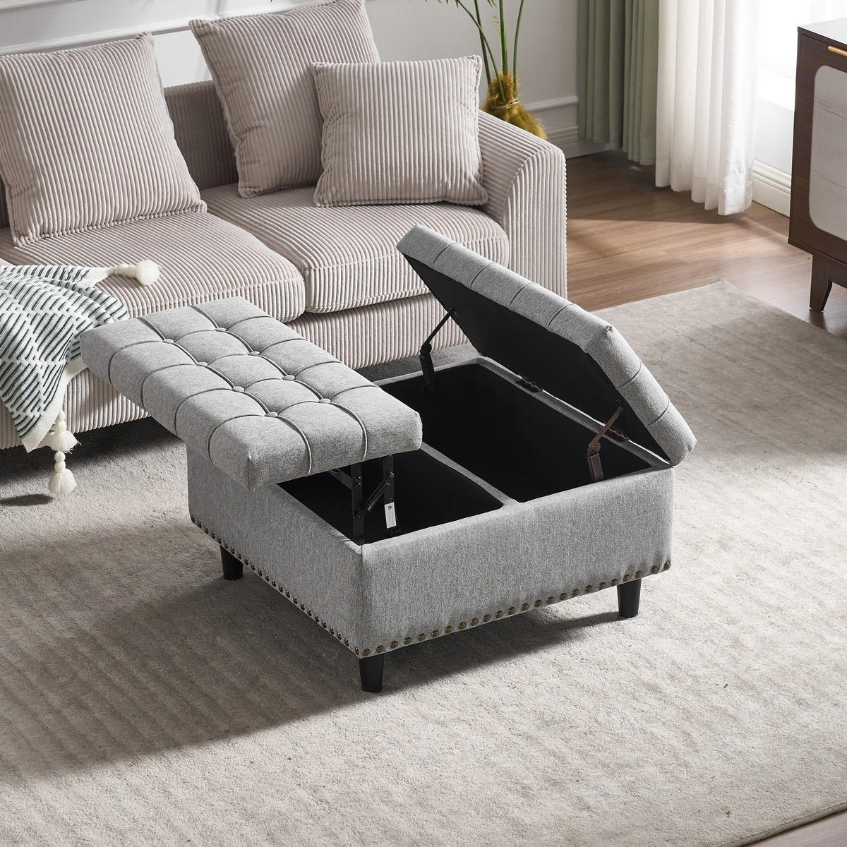 HOCKER Couchtisch,Aufbewahrungsstuhl,höhenverstellbar,Leinen,Grau - Grau, Metall (75/41/75cm) - LVHOM