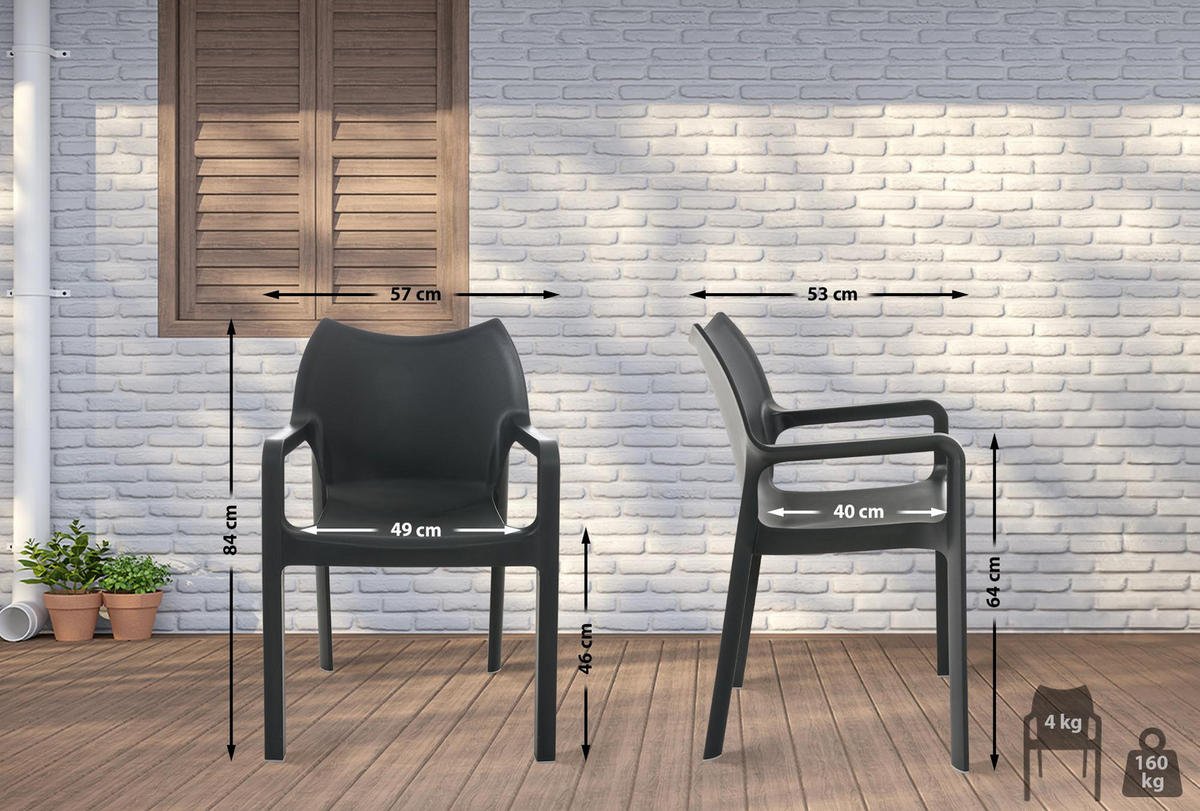 GARTENSTUHL 4er Set Kunststoff dunkelgrau - Dunkelgrau, Kunststoff (57/84/53cm) - CLP