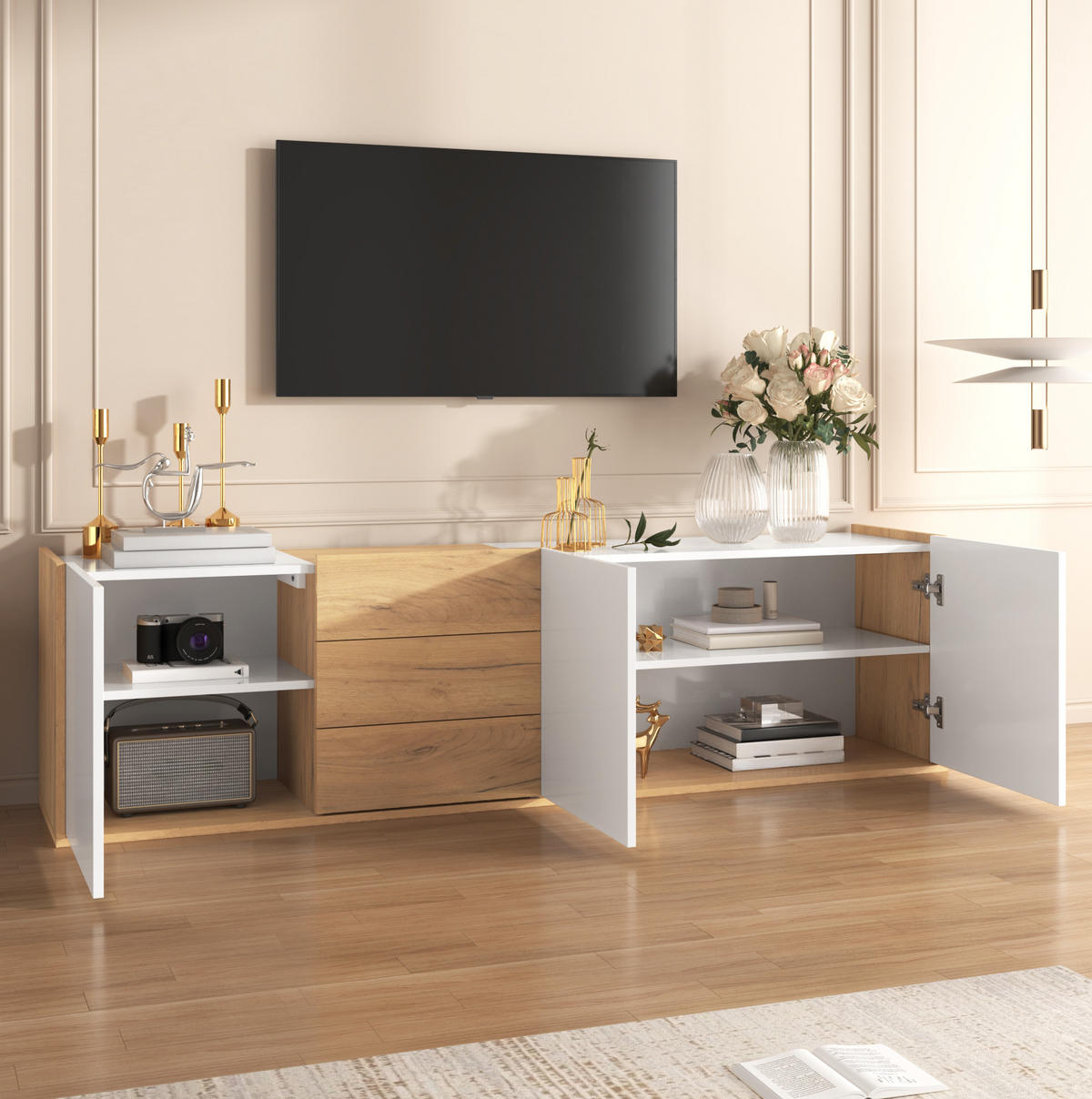 TV-SCHRANK 171,5/35/47 cm mit 3 Türen, 3 Schubladen und verstellbaren Einlegeböden, Weiß/Holzfarben - Weiß, Holzwerkstoff (171.5/47/35cm) - Redom