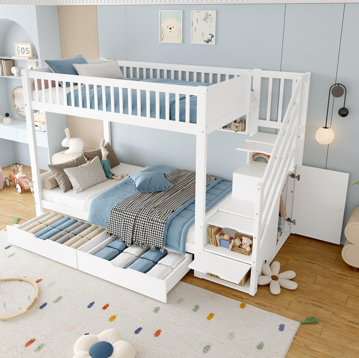 ETAGENBETT 90/200 cm Weiß mit Kleiderschrank und Stauraumtreppe - Weiß, Holz (90/200cm) - Flora Grace