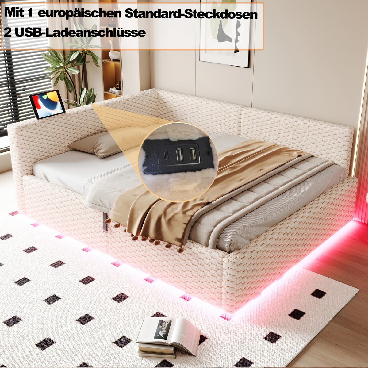POLSTERBETT 140/200 cm Beige mit LED-Beleuchtung, USB-C-Anschluss und 2 USB-Anschlüssen - Beige, Textil (140/200cm) - Oxeza