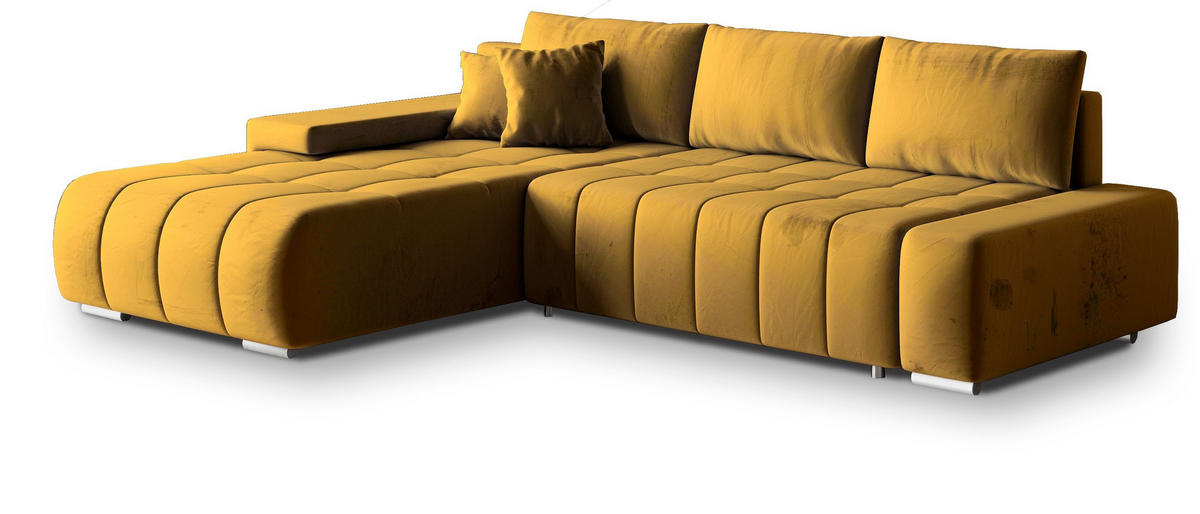ECKSOFA ALESE L-S Gelb Velours-Stoff mit Schlaffunktion - Gelb, Holz (265/185cm) - MASSENO