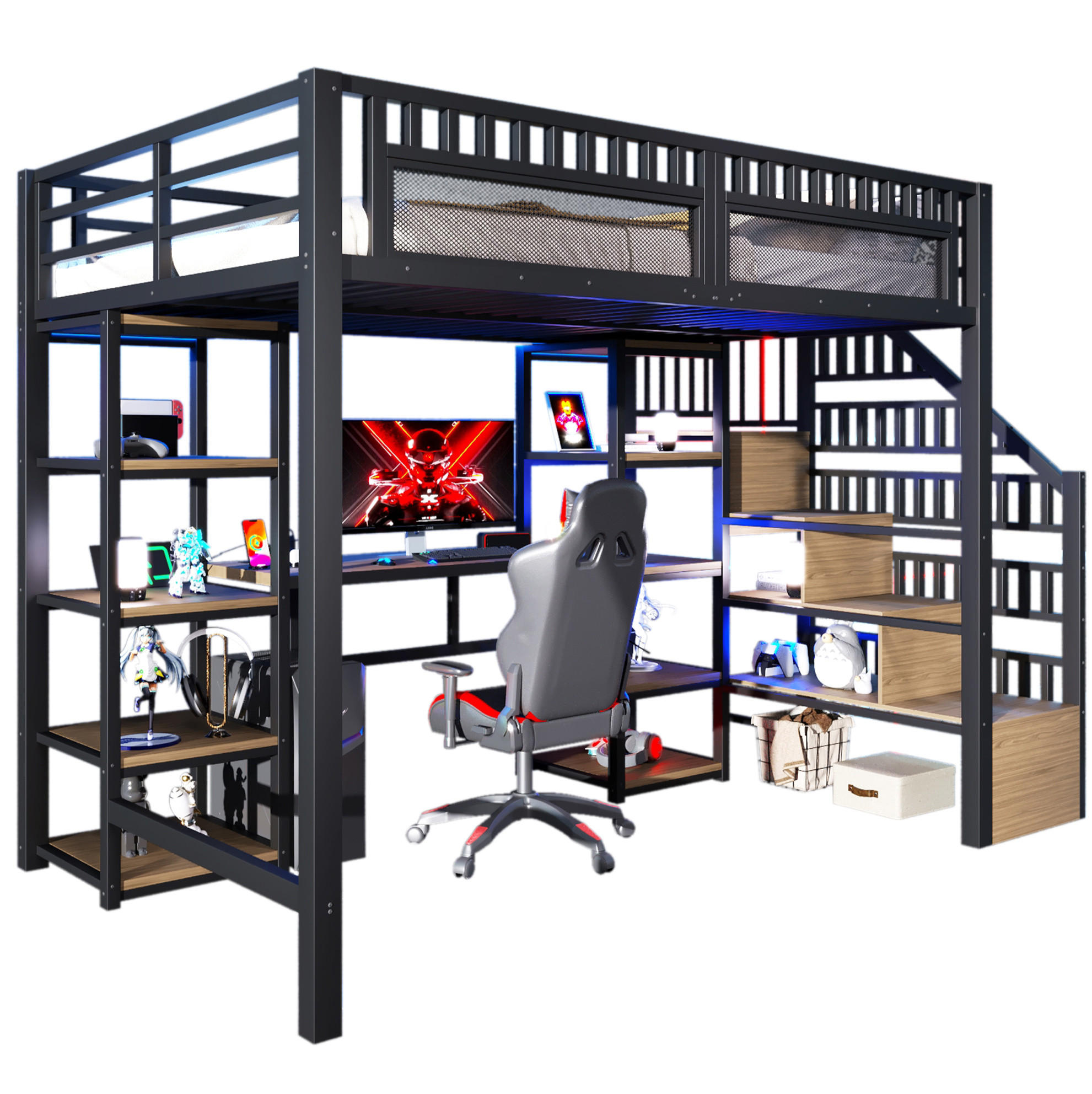 Modfu PATROVÁ postel z kovu a MDF 140x200 cm černá s psacím stolem, LED osvětlením, USB portem a úložným prostorem