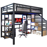 KATNI krevet od metala i MDF-a 140x200 cm crni s LED svjetlosnom trakom, USB priključkom, radnim stolom i spremištem - crna, metal (140/200cm) - Modfu