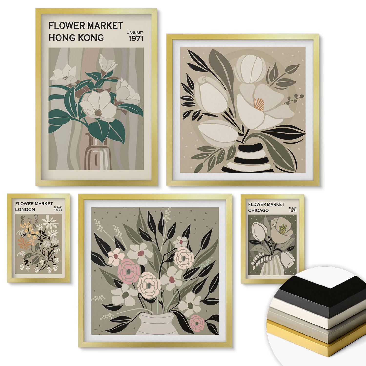 WANDBILDER 5er Set - 50x50 cm & 20x30 cm & 40x60 cm Goldrahmen - Blumenillustrationen London Hongkong - Goldfarben, Kunststoff (40/60cm) - ArtPrintCave