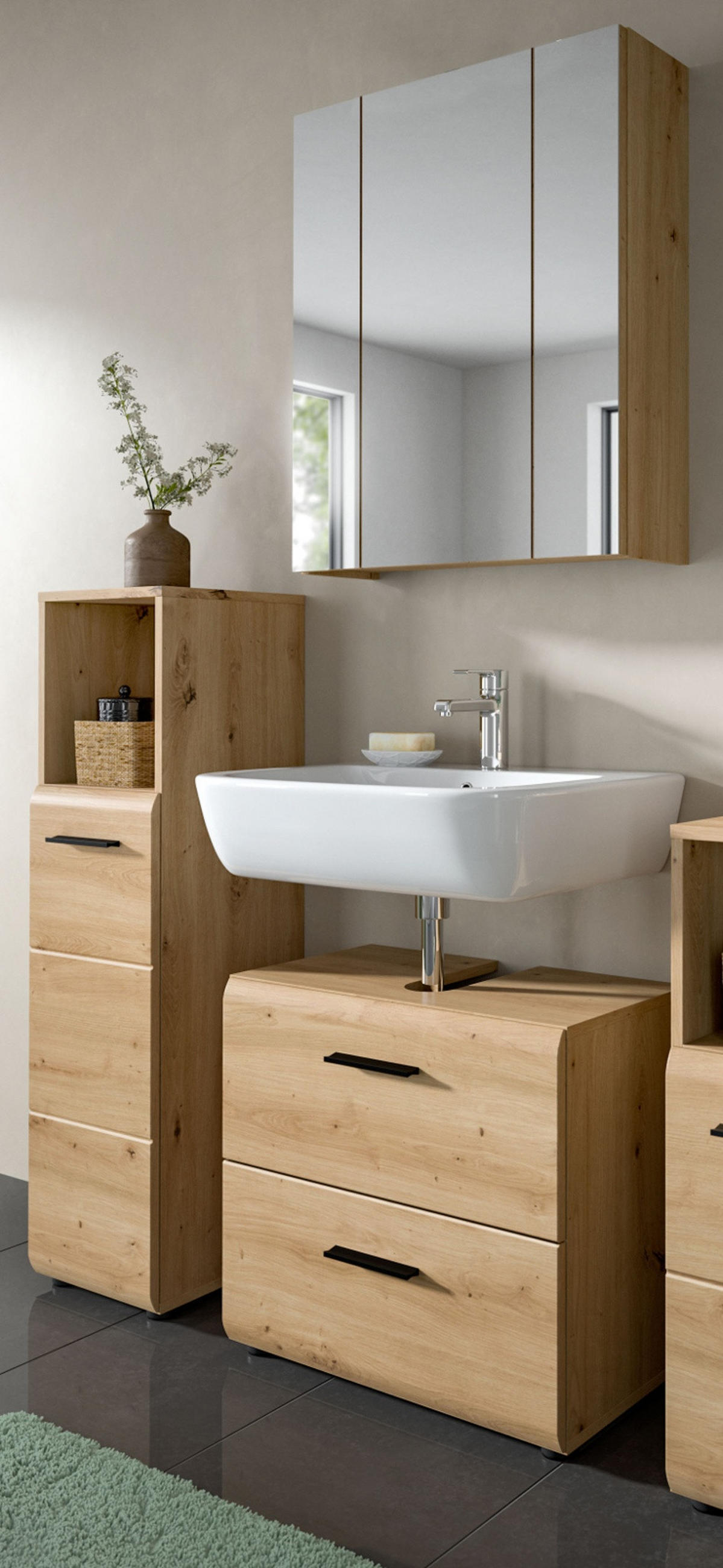 BADMÖBEL Set Eiche Artisan 3-teilig, Badkombination 105 cm, modernes Design, Cover - Schwarz/Eiche Artisan, Glas/Holzwerkstoff (105/185/30cm) - Inn.Furn