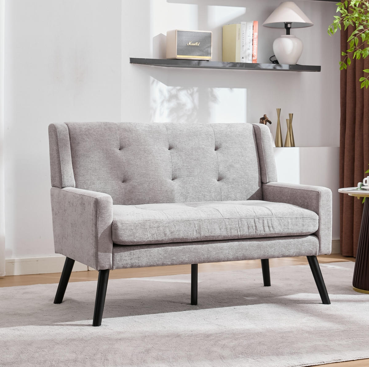 ČALOUNĚNÁ lavice 2místná světle šedá z látky s prošitím a nohami z masivního dřeva - světle modrá, textil (75/88/119cm) - OKWISH
