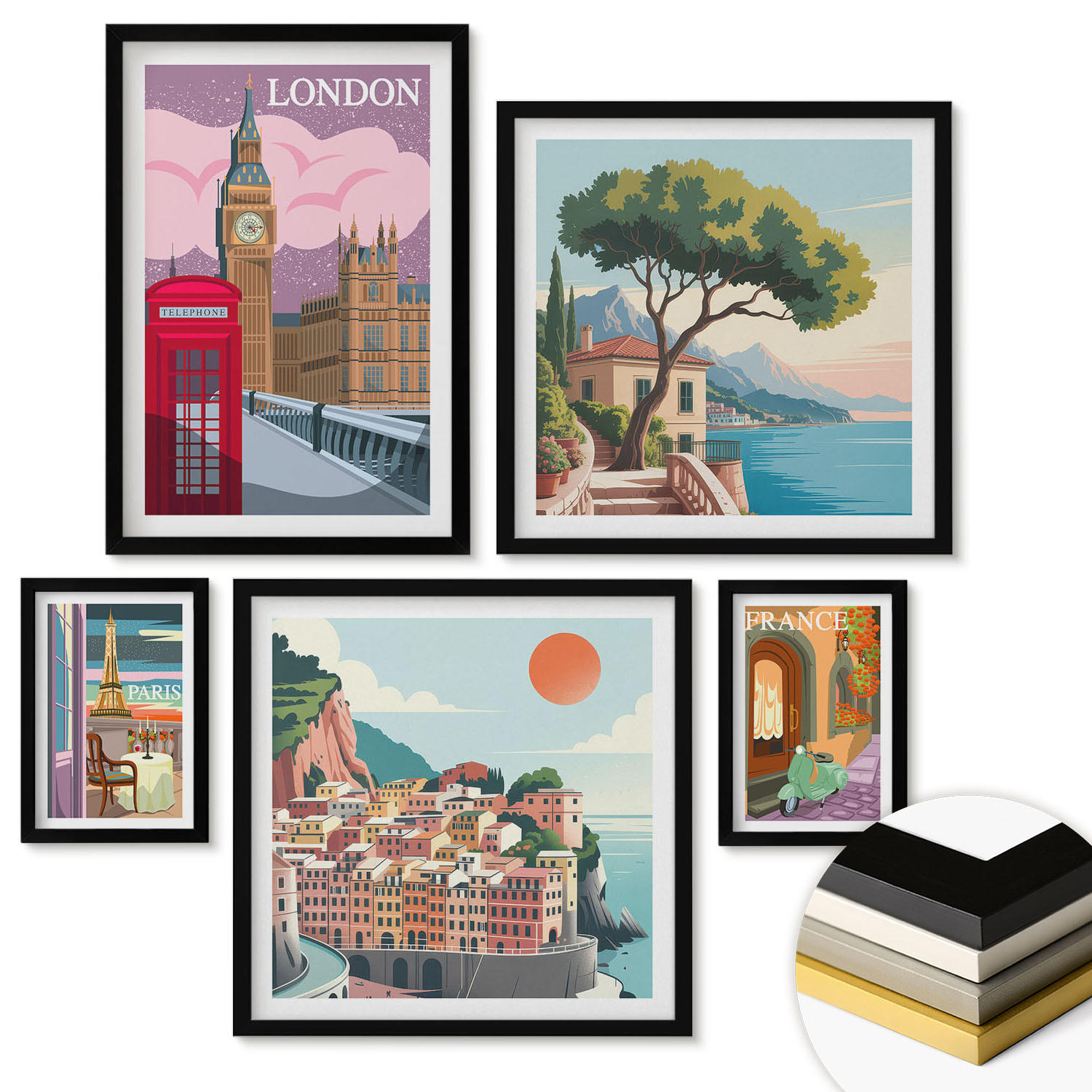 WANDBILDER 5er-Set - 50x50 cm & 20x30 cm & 40x60 cm Schwarzer Rahmen - Obstposter Zitronen Orangen - Schwarz, Kunststoff (40/60cm) - ArtPrintCave