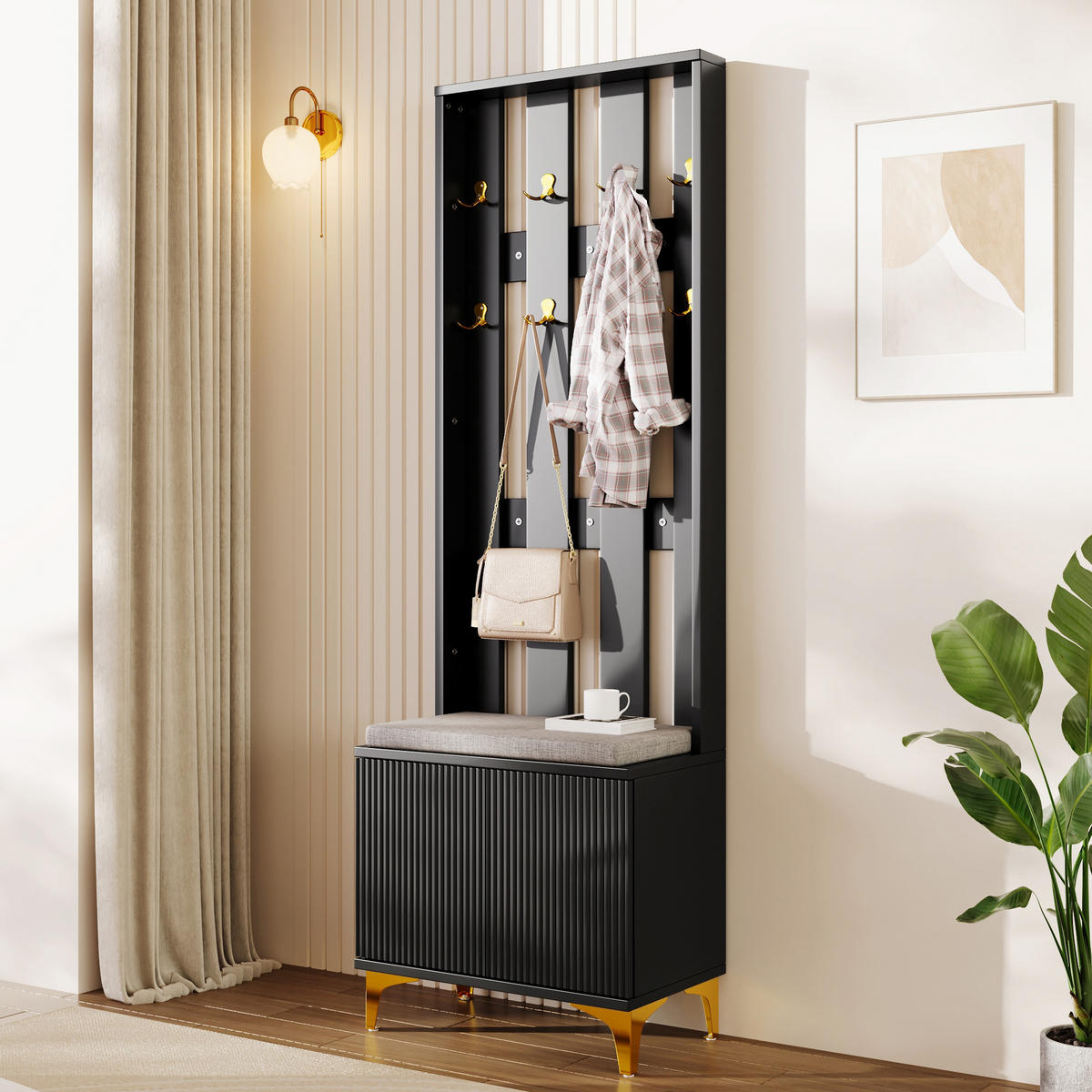 GARDEROBE mit Wellenfront Push-to-open Türen verstellbaren Regalen goldenen Akzenten - Goldfarben/Schwarz, Holzwerkstoff/Metall (60.5/180.5/35.2cm) - EVRYAE