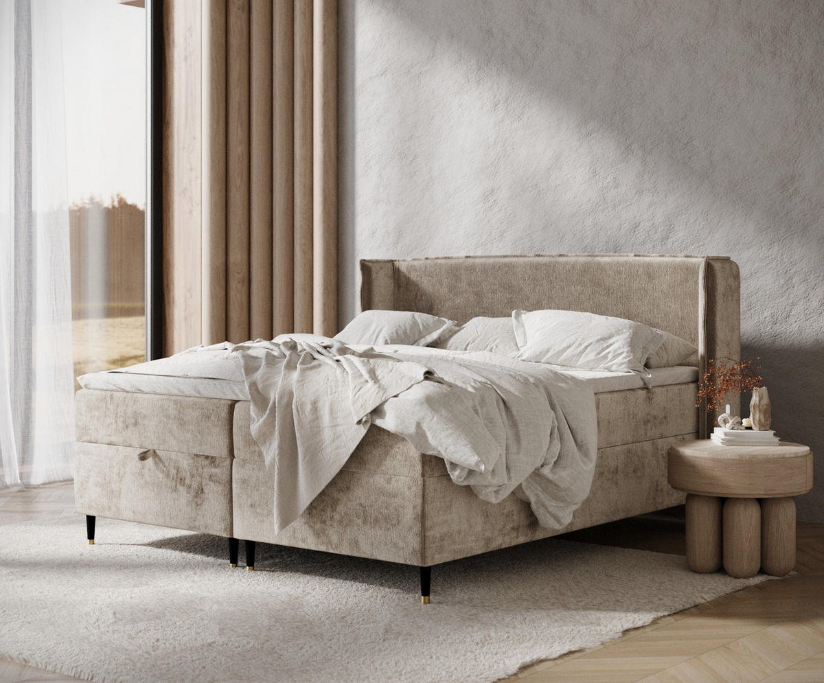BOXBETT Monpelli Beige 140/200 cm mit Matratze und Topper - Beige/Schwarz, Holz/Holzwerkstoff (140/200cm) - Maison de Reve