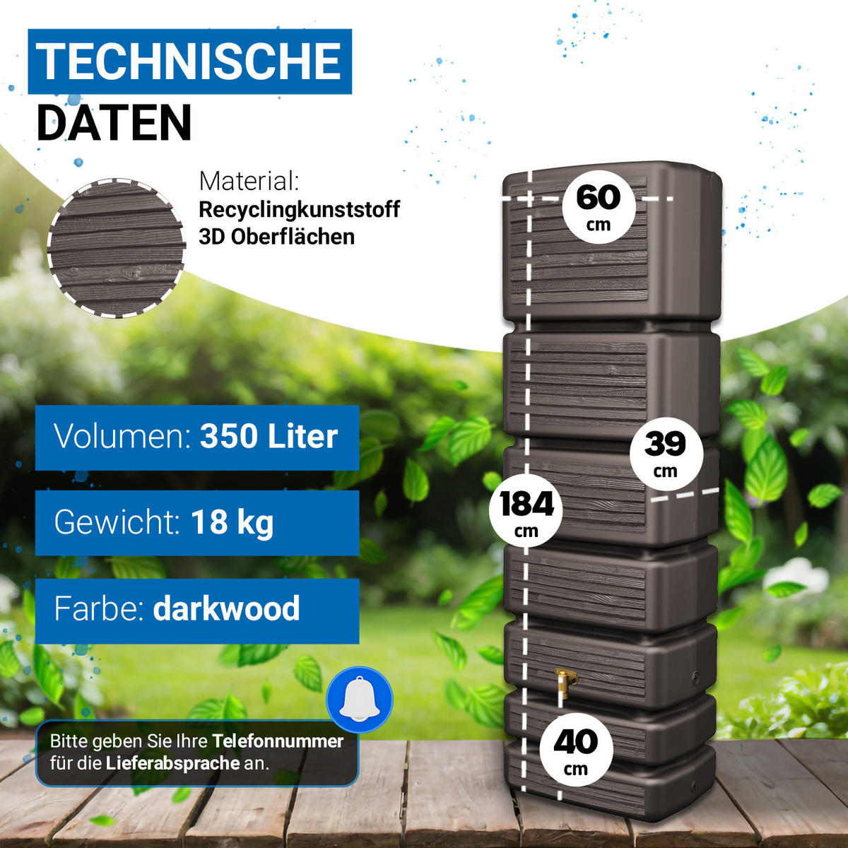 WANDTANK 350 L, dark - Braun, Kunststoff (60/184/39cm) - 4rain